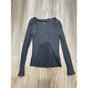ANTHROPOLOGIE Women's Black Cotton Ribbed Button Up Long Sleeve Size M